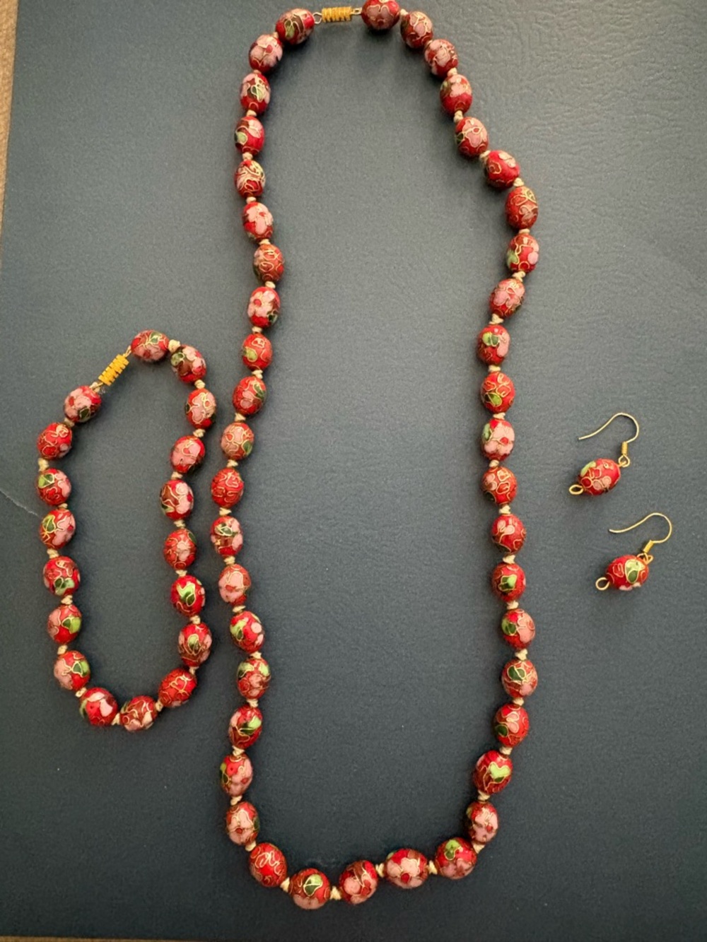 Hand-Painted Red Cloisonné Bead Necklace, Bracelet & Earrings Set